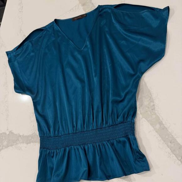 The Limited Cold Shoulder Cinched Waist Relaxed Blouse Women's Small Solid Teal - Picture 2 of 7